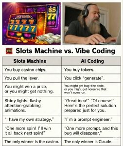 Eine Gegenüberstellung von Aussagen zu Einarmigen Banditen (Spielautomaten) und Vibe Coding (Programmierung durch KI)